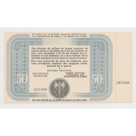 Bon de solidarité - 50 Francs Pétain - avec souche - N°287.890 - SUP+