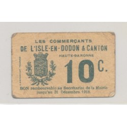 Dept31 - Billet carton 10 centimes- L'isle en dodon et canton - TB+