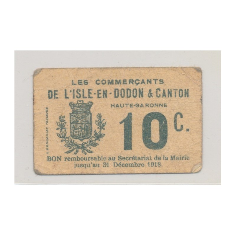 Dept31 - Billet carton 10 centimes- L'isle en dodon et canton - TB+