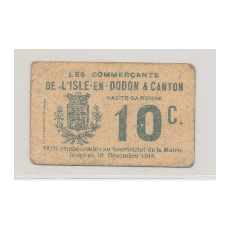 Dept31 - Billet carton 10 centimes- L'isle en dodon et canton - TB+