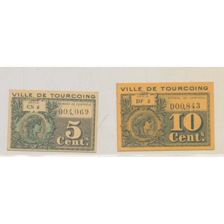 Lot 2 Billets carton - Ville de Tourcoing - 5 et 10 centimes - TTB+