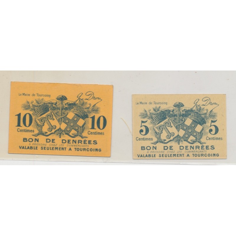 Lot 2 Billets carton - Ville de Tourcoing - 5 et 10 centimes - TTB+
