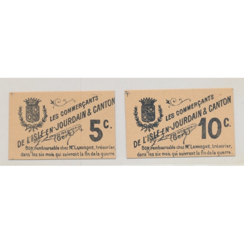 Lot 2 Billets carton - L'isle en jourdain et canton - 5 et 10 centimes - SUP