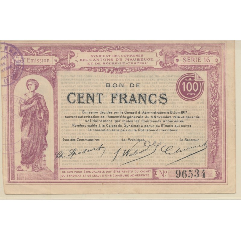Dept59 - 100 Francs Maubeuge - 1917 - TTB+