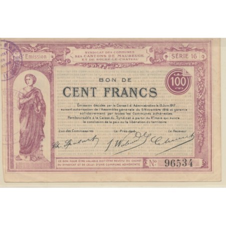 Dept59 - 100 Francs Maubeuge - 1917 - TTB+