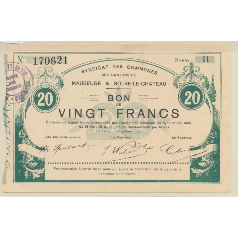 Dept59 - 20 Francs Maubeuge - 1916 - TTB+/SUP