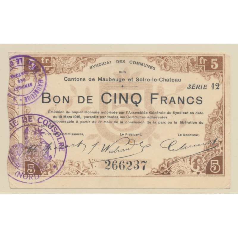 Dept59 - 5 Francs Maubeuge - 1916 - TTB+
