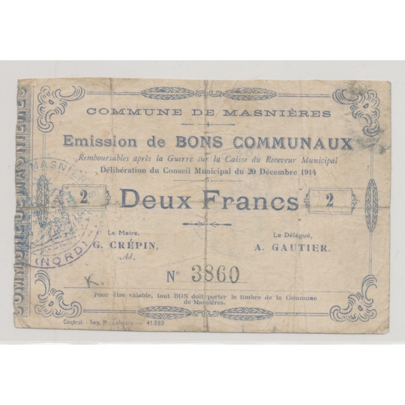Dept59 - 2 Francs Masnières - 1914 - TB