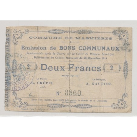 Dept59 - 2 Francs Masnières - 1914 - TB