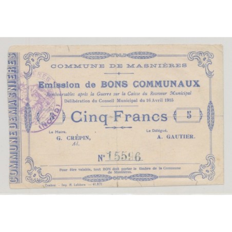 Dept59 - 5 Francs Masnières - 1915 - TB/TB+
