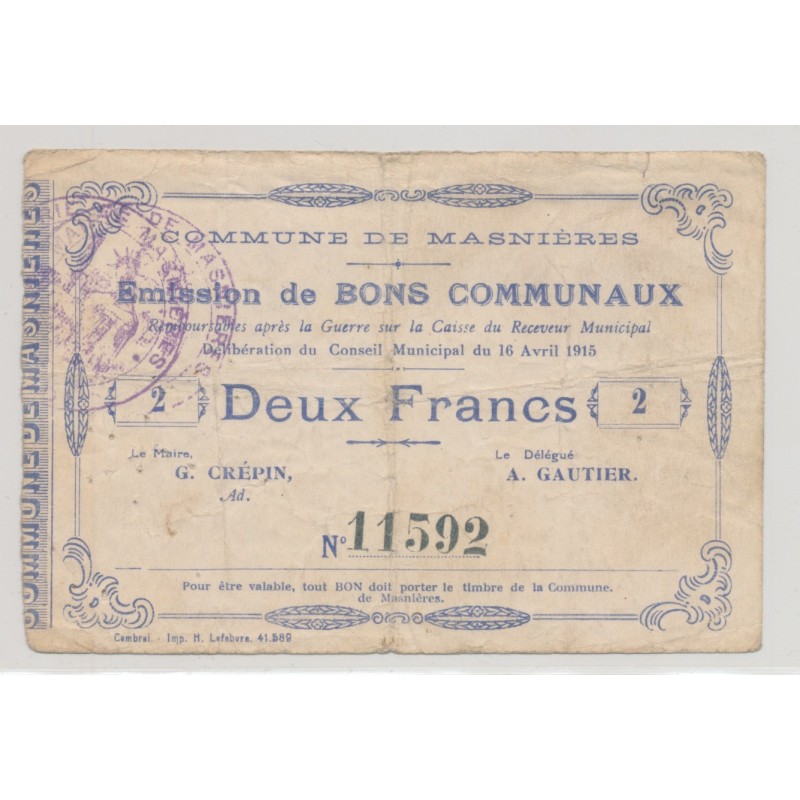 Dept59 - 2 Francs Masnières - 1915 - TB