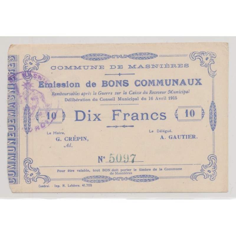 Dept59 - 10 Francs Masnières - 1915 - TTB