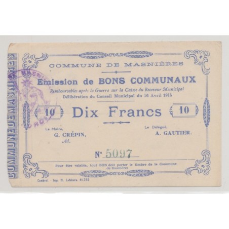 Dept59 - 10 Francs Masnières - 1915 - TTB