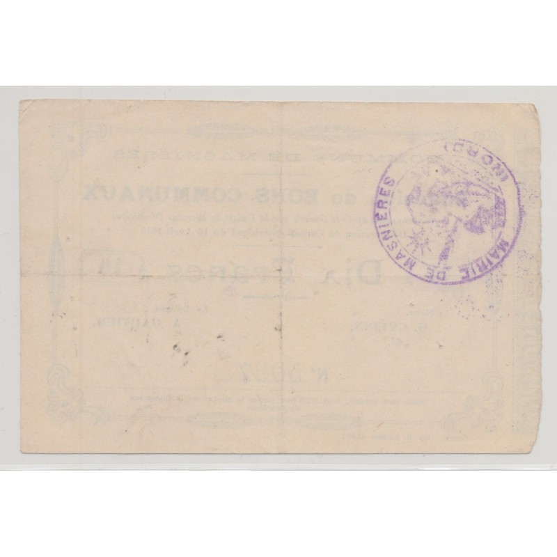 Dept59 - 10 Francs Masnières - 1915 - TTB