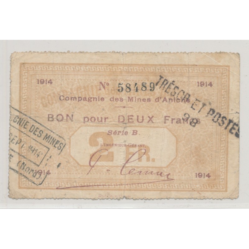 Dept59 - 2 Francs 1914 - Compagnie des mines d'aniche - TB+
