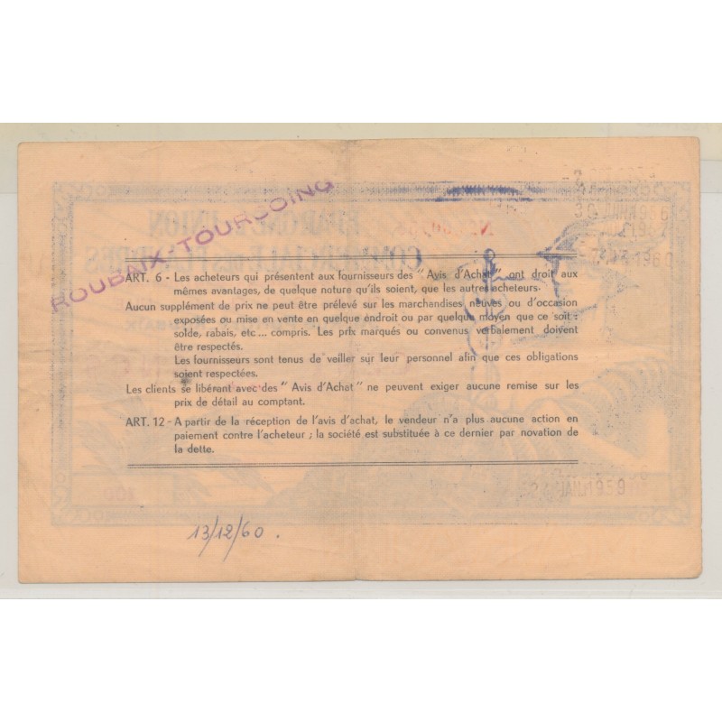 100 Francs surchargé 1 Nouveau Franc - Épargne et union commerciale des Flandres - TTB