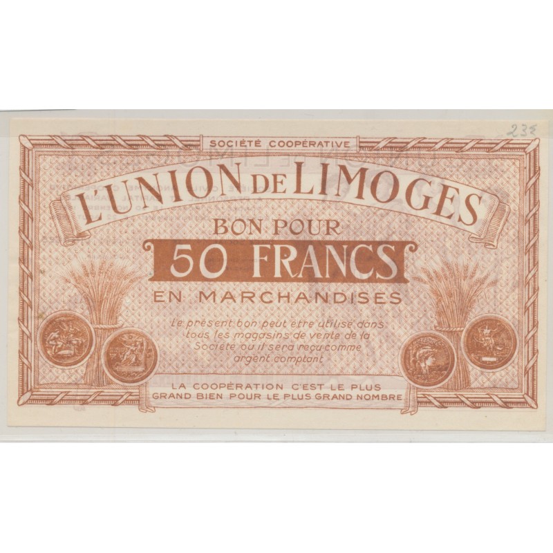Dept87 - 50 Francs 1886 - Union de Limoges - SUP