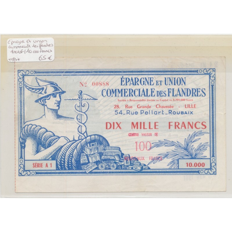 10000 Francs surchargé 100 Nouveau Franc - Épargne et union commerciale des Flandres - TTB+