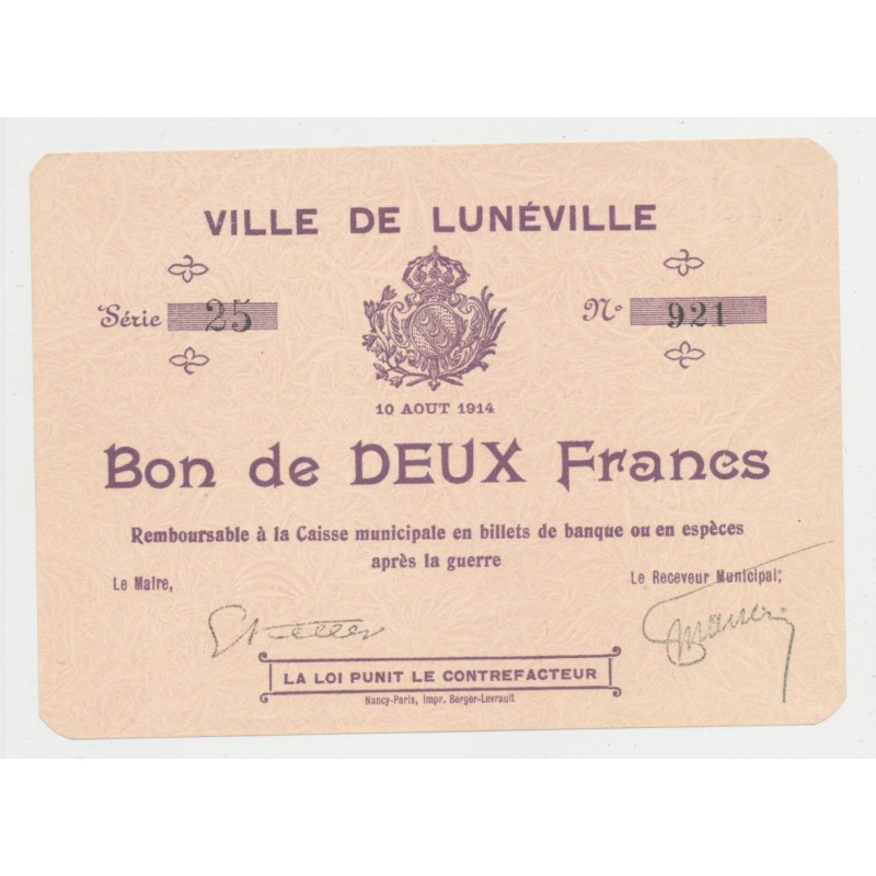 Dept54 - 2 Francs Lunéville 1914 - SPL+