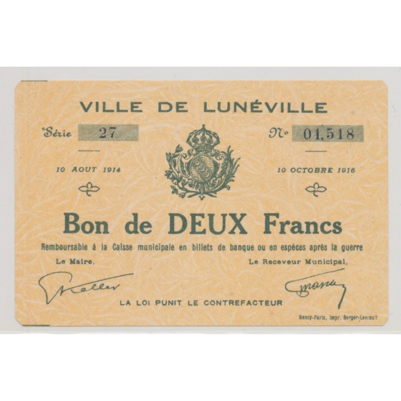 Dept54 - 2 Francs Lunéville 1914 - SPL+