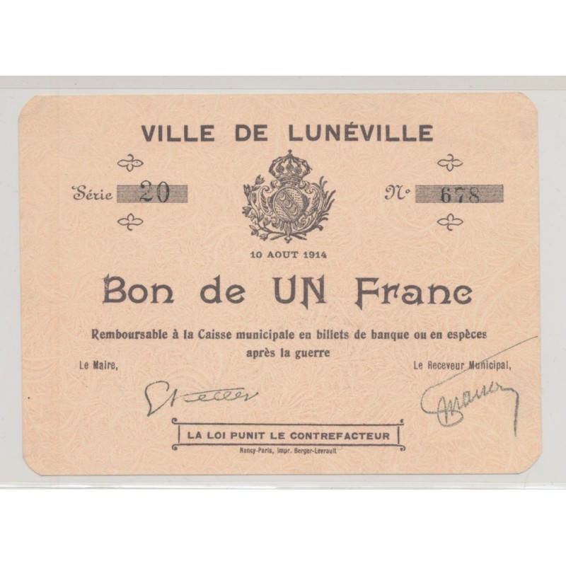 Dept54 - 1 Franc Lunéville 1914 - SUP