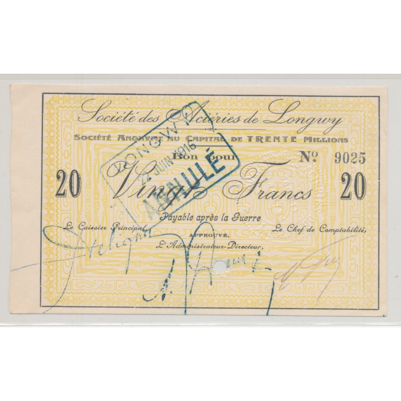 Dept54 - 20 Francs Société aciéries de Longwy - 1916 - SUP