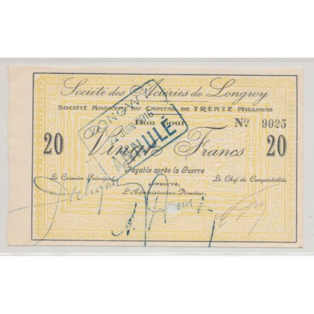 Dept54 - 20 Francs Société aciéries de Longwy - 1916 - SUP