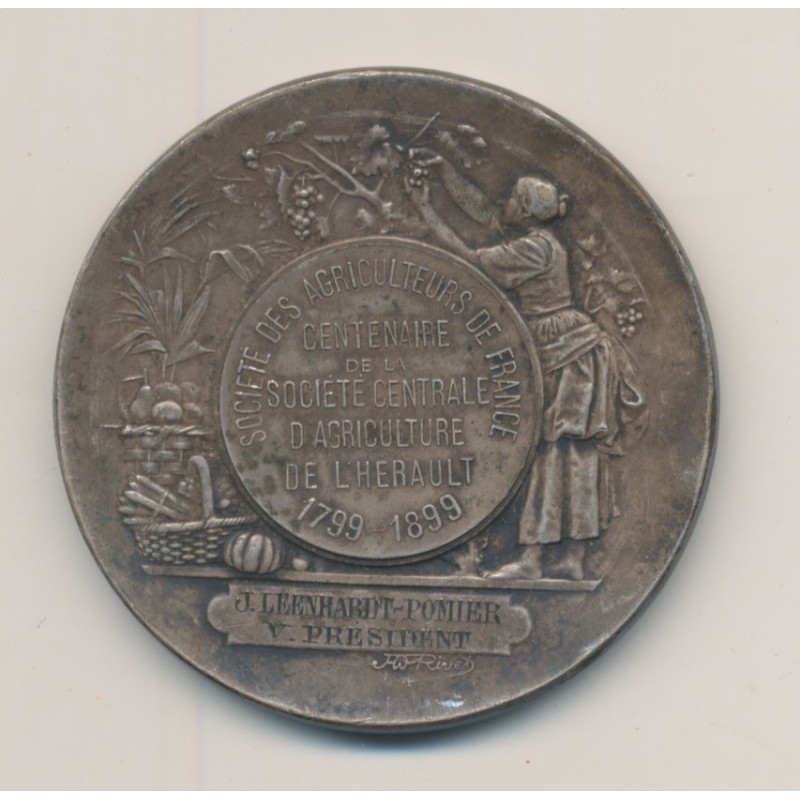 Médaille - Centenaire société centrale agriculture de l'Hérault - 1799 - 1899 - bronze argenté - 45mm - TTB+