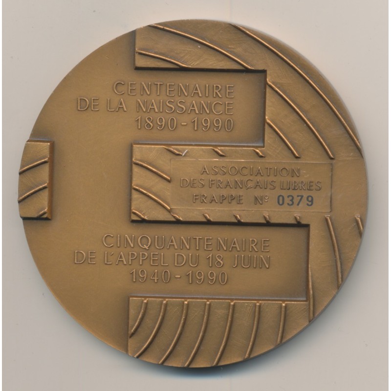 Médaille - Général De Gaulle - Centenaire naissance - Cinquantenaire appel 18 juin  Associations des Français Libres - bronze - 
