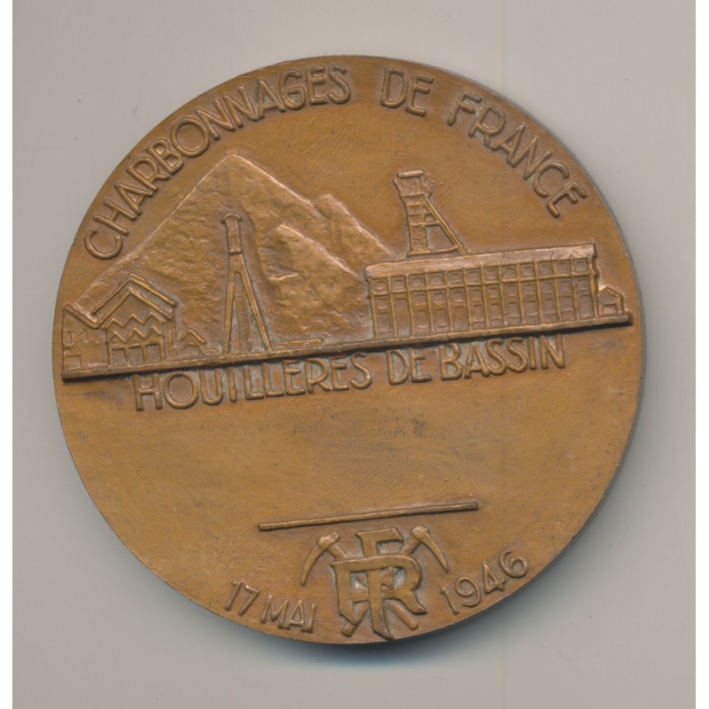Médaille - Charbonnages de France - 17 mai 1946 - graveur Delannoy - bronze 68mm - TTB+