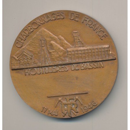 Médaille - Charbonnages de France - 17 mai 1946 - graveur Delannoy - bronze 68mm - TTB+