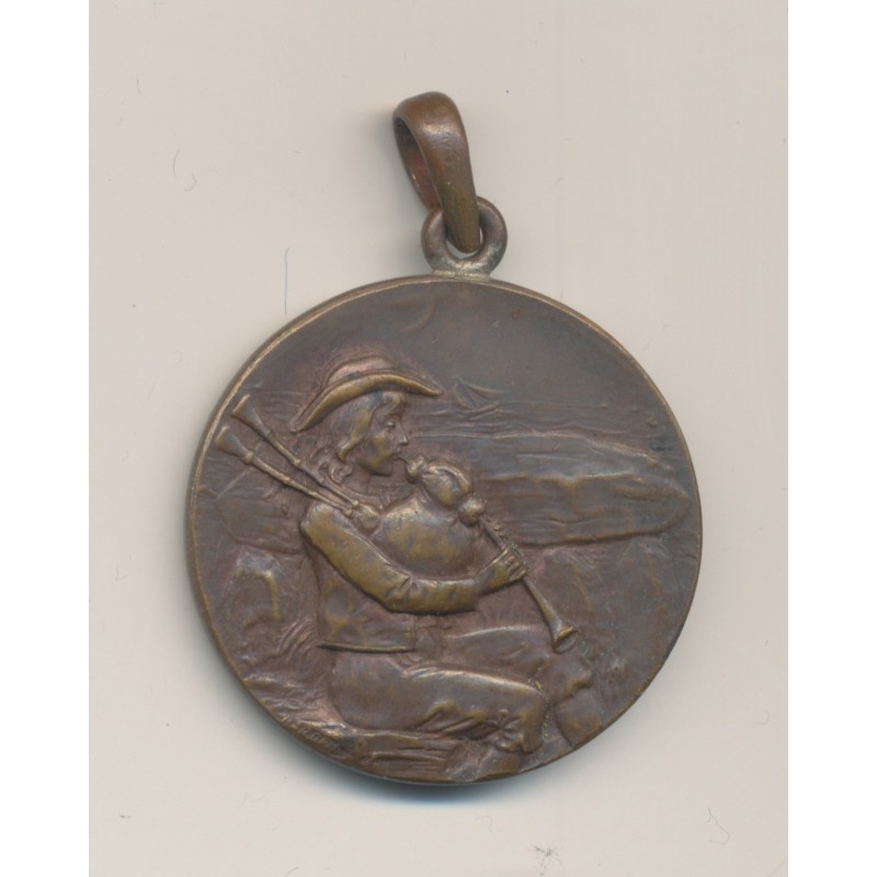Médaille - Joueur de cornemuse et femme - bronze - 33,5mm - TTB