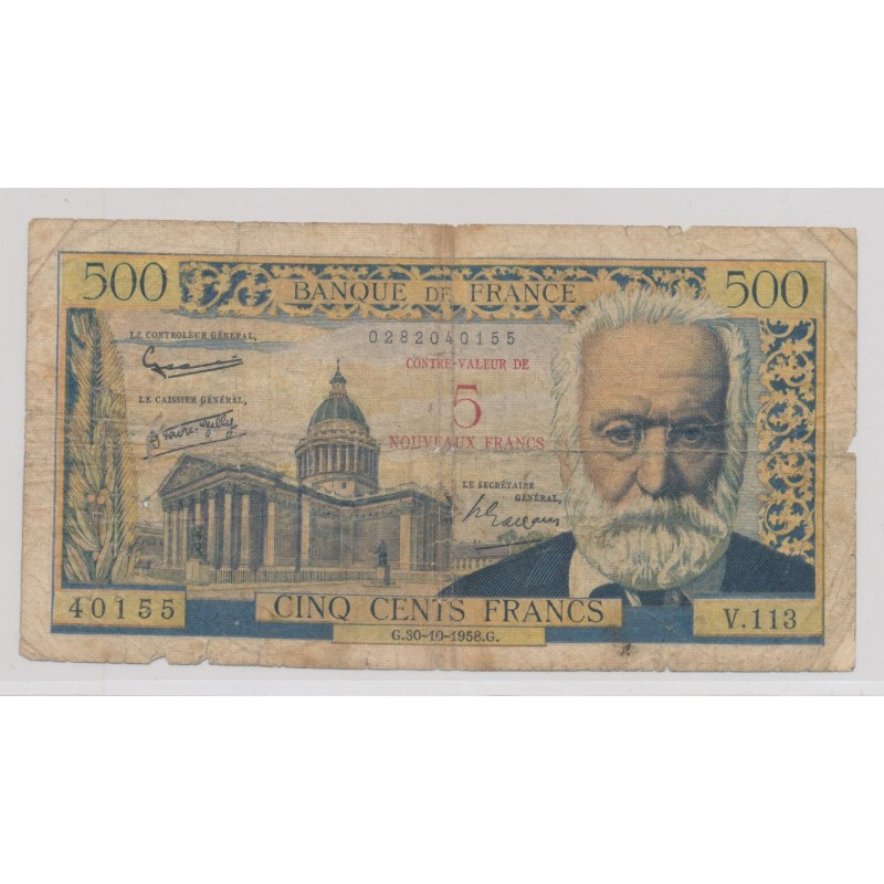 5NF sur 500Francs Victor Hugo - 30.10.1958 - B/TB