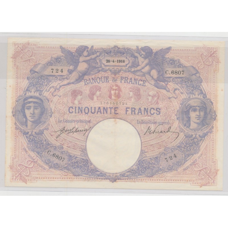 50 Francs Bleu et rose - 28.04.1916 - TTB