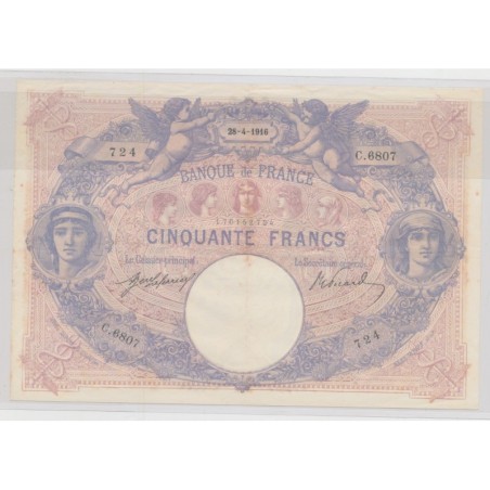 50 Francs Bleu et rose - 28.04.1916 - TTB