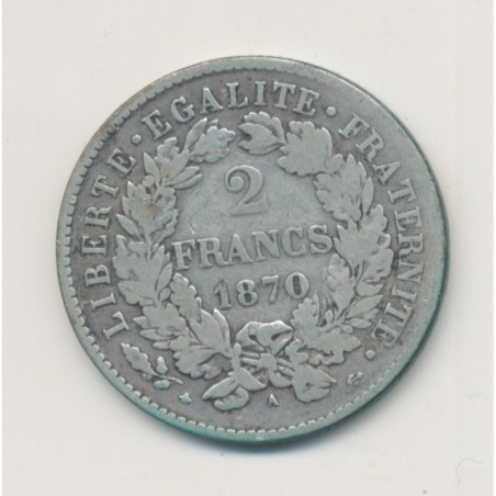 Cérès - 2 Francs - 1870 A Paris - avec légende - TB