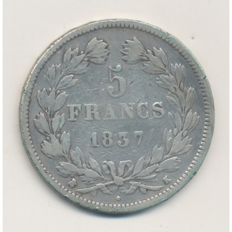 5 Francs Louis philippe I - 1837 K Bordeaux - Tête laurée - TB