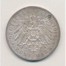 Allemagne - 5 Mark 1913 F - Wurttemberg - argent - SUP 2