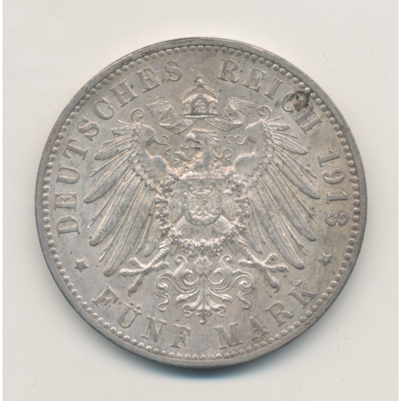 Allemagne - 5 Mark 1913 F - Wurttemberg - argent - SUP