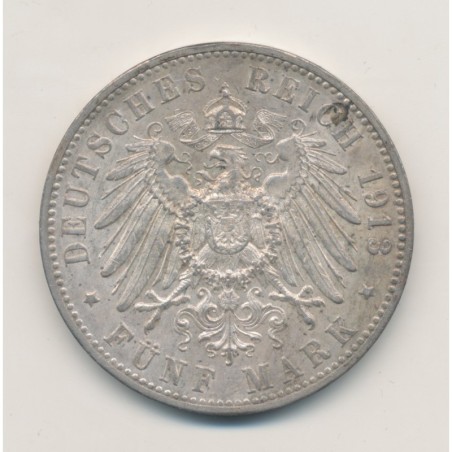 Allemagne - 5 Mark 1913 F - Wurttemberg - argent - SUP