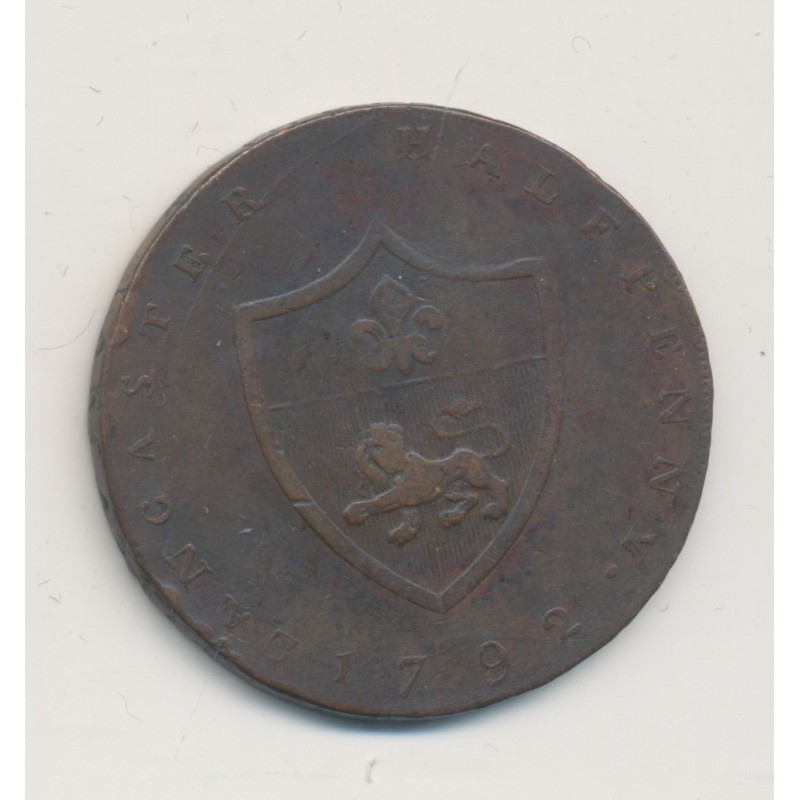 Angleterre - 1/2 Penny Lancaster Token - 1792 - cuivre - TB