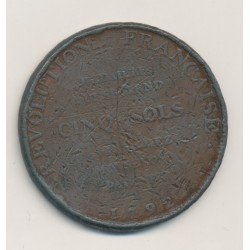 Monneron - 5 Sol à l'Hercule - 1792 - bronze - B/TB 2
