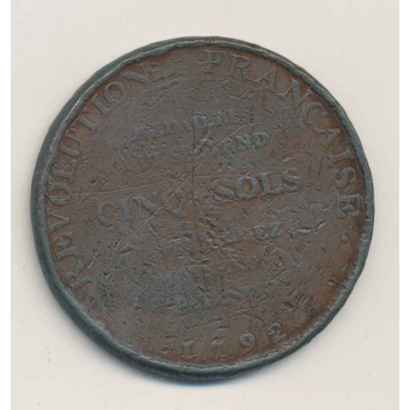 Monneron - 5 Sol à l'Hercule - 1792 - bronze - B/TB