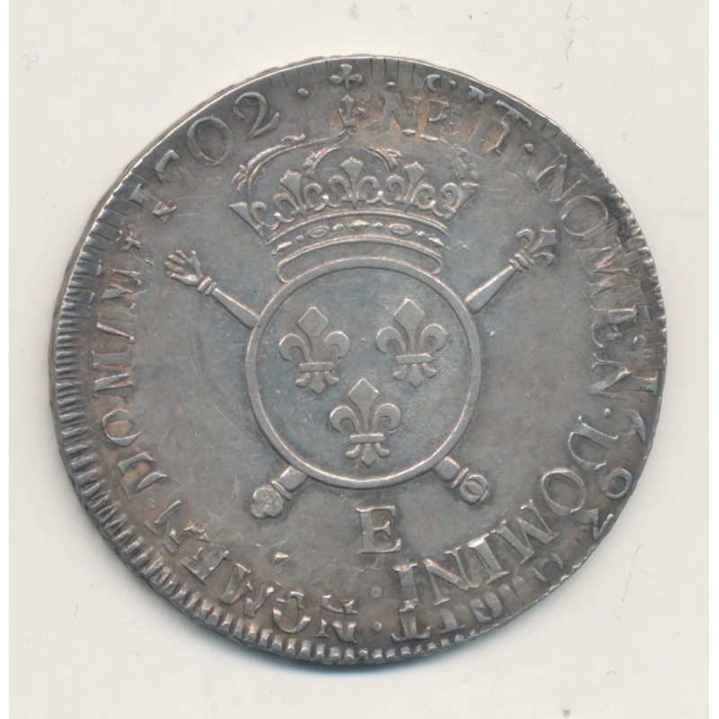 Louis XIV - Écu aux insignes - 1702 E Tours - réformé - TTB+/SUP
