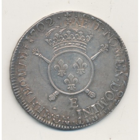 Louis XIV - Écu aux insignes - 1702 E Tours - réformé - TTB+/SUP