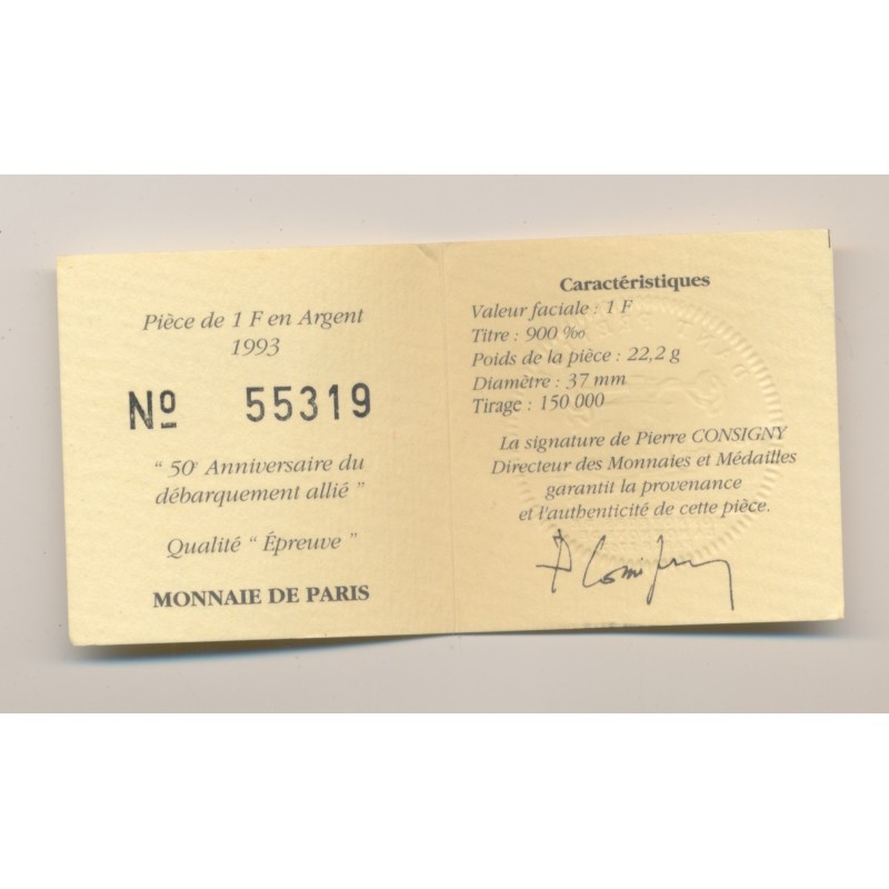 1 Franc - 50e anniversaire du débarquement allié - 1993 - argent belle épreuve