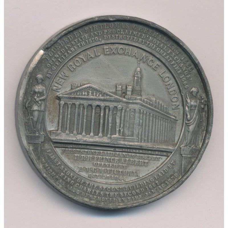 Médaille - Reine Victoria et Prince Albert - Reconstruction et première pierre posée du Royal exchange de Londres - étain - 51mm