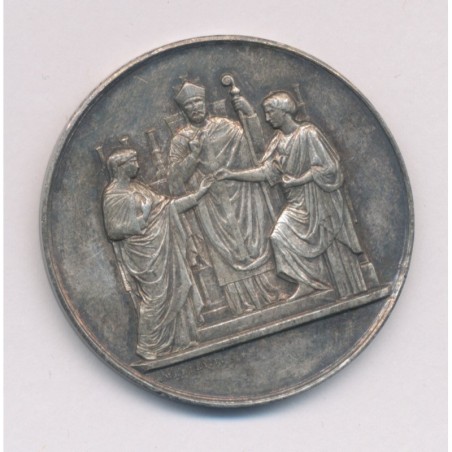 Médaille de mariage - couple et prêtre - argent 21g - gravure initiales - TTB+