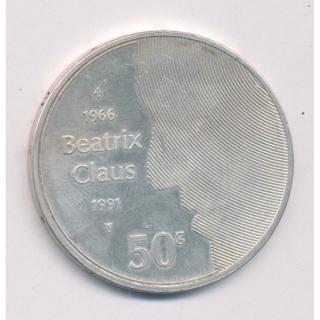 Hollande - 50 Gulden 1991 - argent 25g - 25 ans mariage reine Beatrix et prince Claus - SUP