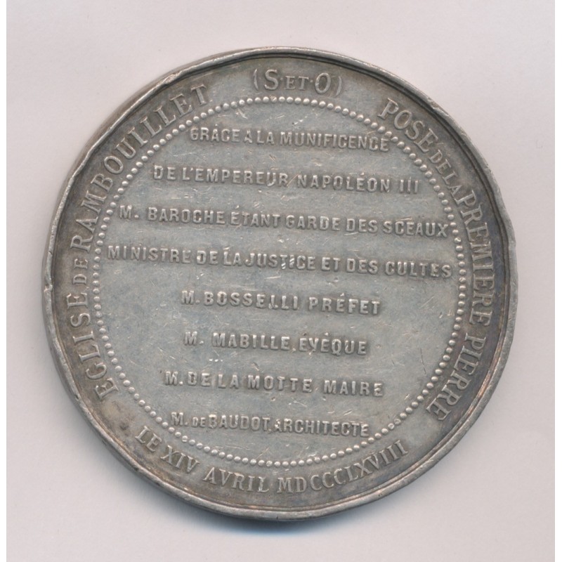 Médaille - Église de Rambouillet - Napoléon III - Pose de la 1ère pierre 1868 - argent 90g - TB+